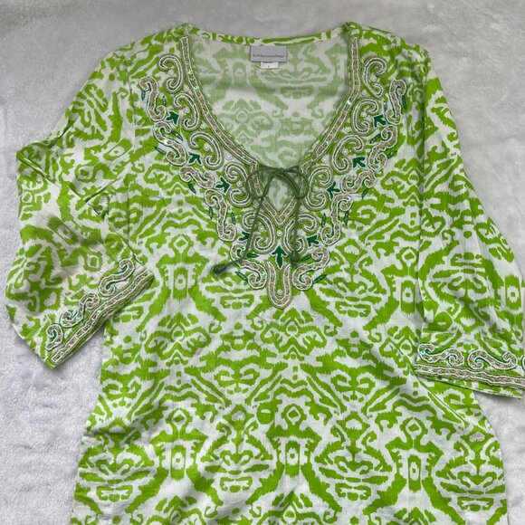 Soft Surroundings Beaded Tunic Top Womens Small Relaxed V-Neck Green 100% Cotton - Picture 15 of 15